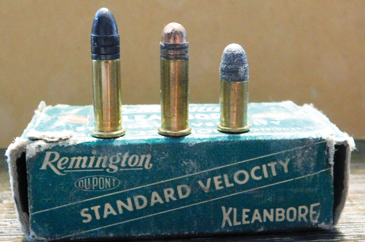 The 22 rimfire family of cartridges are the last of the commercially viable cartridges using a heel-type bullet. Shown (left to right): 22 Long Rifle, 22 Long and 22 Short.